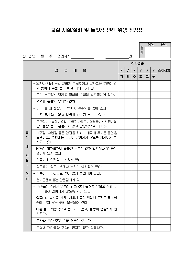 교실 시설 설비 및 놀잇감 안전위생점검표